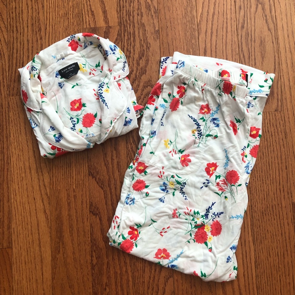Kate Spade Floral Pajama Pant Set White Red, Blue & Green Accents Women’s Size M